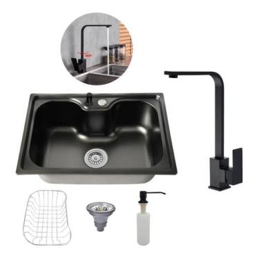 Imagem de Kit Cuba Cozinha Gourmet Aço Inox 60X42 Torneira Slim Preto - Brinovar