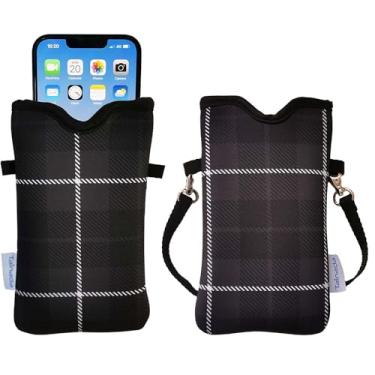 Imagem de Tainada Bolsa de neoprene masculina e feminina com alça transversal/cordão de pescoço para iPhone 17/16/15 Pro Max, Air, 16/15 Plus, 16e, Samsung S25, S24, A56, Google Pixel 10 (xadrez cinza preto)