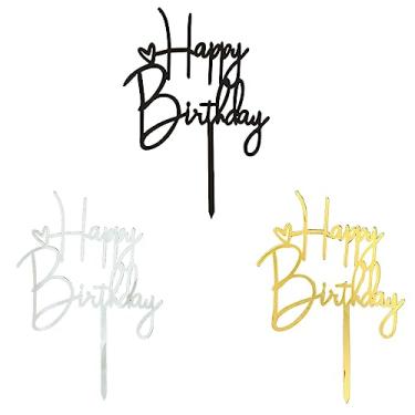 Imagem de GLASNES 3 peças de enfeite de bolo de feliz aniversário acrílico suprimentos de decoração de festa de aniversário (preto dourado prata)