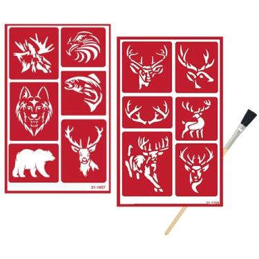 Imagem de 2 estênceis reutilizáveis de vidro para gravura – vida selvagem, alce, urso, lobo, veado, chifre, estêncil temático – animal selvagem, design temático de veado – conjunto inclui escova