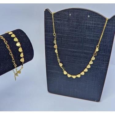 Imagem de Kit Conjunto Colar e Pulseira Plaquinhas de Corações Liso Folheado Our
