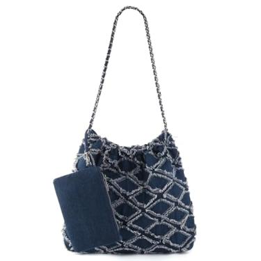 Imagem de DSGUTWO Sacola jeans feminina, bolsa de ombro de corrente, bolsa hobo grande, acolchoada com alça superior com carteira, Azul jeans branco, One Size