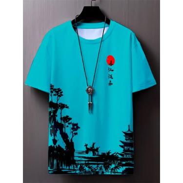 Imagem de Camiseta Oriental Masculino Japão Por Do Sol Premium - Fábrica, Azul c