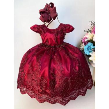 Imagem de Vestido infantil marsala c/ renda realeza e cinto de pérolas - cleusin