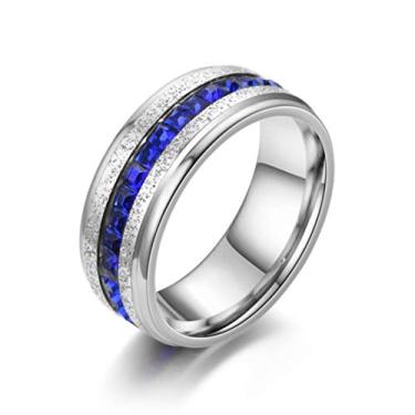 Imagem de Aliança de noivado de casamento de zircônia cúbica azul com acabamento em jateamento de areia de 8 mm para homens e mulheres, tamanho 7-12, Aço inoxidável, Zircônia cúbica