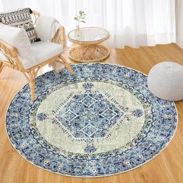 Imagem de Easy-Going Tapete redondo de 0,9 m, lavável, boêmio, pequeno, círculo, para sala de estar, antiderrapante, tapete de quarto, leve, vintage, envelhecido, para sala de jantar, cozinha, casa, escritório,