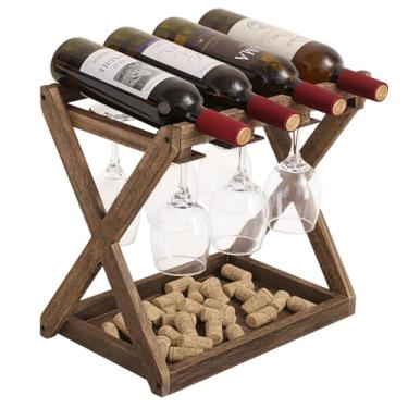 Imagem de WDSHIYI Prateleiras de vinho de bancada com suporte de vidro, para 4 garrafas e 6 suportes de vidro, suporte de garrafa de vinho de mesa de madeira rústica para cozinha, sala de estar, adega de