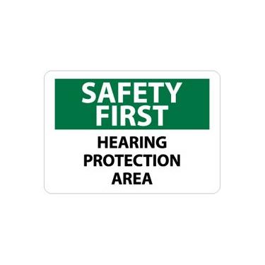 Imagem de NMC Placa SF53RB OSHA, legenda "SAFETY FIRST - ARING PROTECTION AREA", 35,56 cm de comprimento x 25,4 cm de altura, plástico rígido, preto/verde em branco