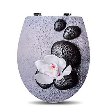 Imagem de Assentos sanitários de fechamento lento e macio, tampa de vaso sanitário com dobradiças ajustáveis ​​e inovadoras, efeito de alívio 3D, fácil de montar para banheiro familiar