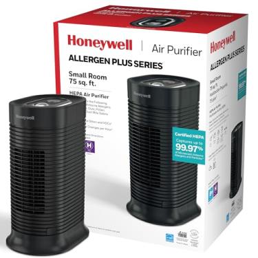 Imagem de Honeywell Purificador de ar AllergenPlus HEPA Torre, redutor de alérgenos transportados pelo ar para cômodos pequenos (75 m²), preto – fogo selvagem/fumaça, pólen, pelos de animais de estimação e purificador de ar de poeira, HPA060