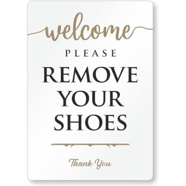 Imagem de SmartSign Placa Welcome Please Remove Your Shoes para Airbnb - 12,7 cm x 9 cm, acrílico, fitas adesivas de espuma, preto/dourado/branco