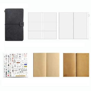 Imagem de Caderno de planejamento de viagem retrô, papel kraft de folhas soltas minimalista diário de notas de estudante - caderno HH-01 - preto + 6 adesivos de viagem