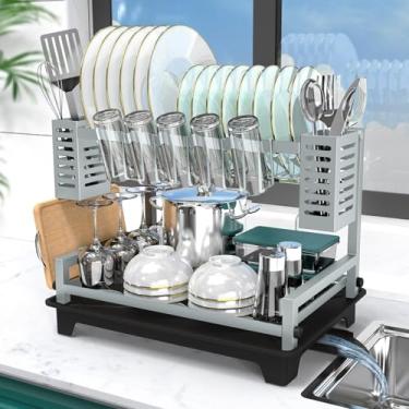 Imagem de B-Land Escorredor de louça, escorredor de pratos de 2 níveis para balcão de cozinha, escorredor de pratos grande com suportes de dreno e utensílios, escorredores de pratos à prova de ferrugem,