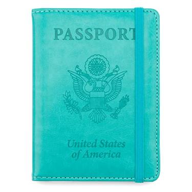 Imagem de Porta-passaporte e porta-cartão de vacina, capa para passaporte com bloqueio RFID, Lago azul, Compacto
