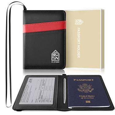 Imagem de Elasnd Suporte de passaporte, combinação de porta-cartão de vacina e passaporte, capa de passaporte de couro ultrafina com compartimento para cartão de vacina, carteira de passaporte com cordão de pescoço e bloqueio de RFID, Preto, Contemporâneo