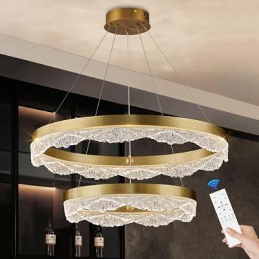 Imagem de Sparklelf 2 Anéis Lustre Dourado 24" Lustre Led Moderno Para Sala De Jantar Luminária Pendente Led Regulável Luminária De Teto Embutida Lustre Para Sala De Estar Quarto Hall De Entrada