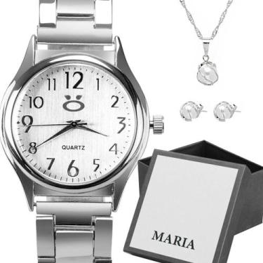 Imagem de Relógio Feminino Prata + Colar + Brincos Aço Inoxidável - Orizom