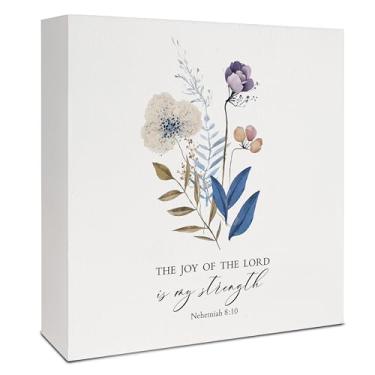 Imagem de VIIJJUE - Sinais Cristãos para Decoração de Casa, Placa de Madeira com Versículo Floral da Bíblia, A Alegria do Senhor é Minha Força, 12,7 x 12,7 x 3 cm
