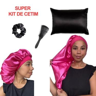 Imagem de Kit 5 Peças Touca de Cetim Gigante Toca de Cetim Longa Fronha Escova P