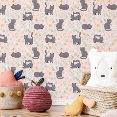 Imagem de WESTICK Papel de parede floral rosa Papel de parede de gato 44,5 x 254 cm