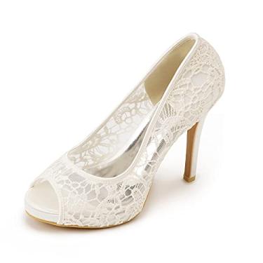 Imagem de Sandália feminina de renda stiletto salto alto peep toe plataforma sem cadarço, sapatos de noiva, 10 cm, Marfim, 38