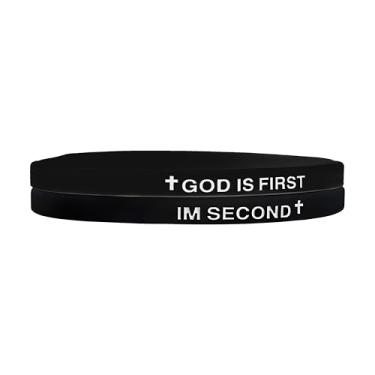 Imagem de LIU JUN Pulseira God Is First, pulseiras de borracha cristã inspiradoras gravadas versículos bíblicos cruz pulseira de silicone para mulheres homens presentes de fé, Large, Silicone, Sem Pedra