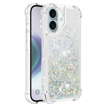 Imagem de Capa de telefone à prova de choque para iPhone 16 com glitter líquido de areia movediça e corações flutuantes, capa de TPU de camada dupla reforçada com 4 cantos, protetor de telefone seguro