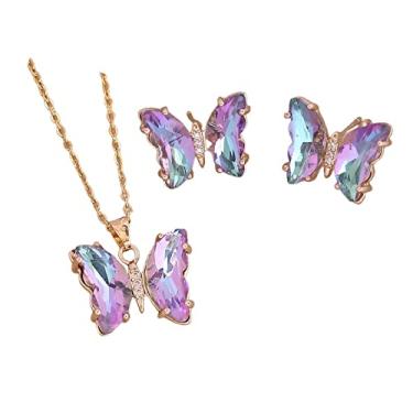 Imagem de Pingyongchang Brincos de colar de borboleta para mulheres minimalistas zircões cúbicos brincos de pingente de borboleta de ouro bonito conjunto de joias de borboleta de cristal para mulheres presentes