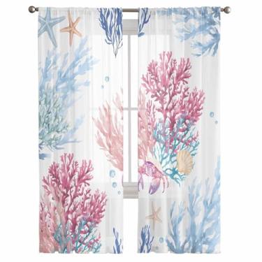Imagem de Cortinas semitransparentes para janelas, costeira marinha estrela-do-mar concha caranguejo filtragem de luz cortinas de voile oceano colorido coral privacidade tratamento de janela para quarto e sala
