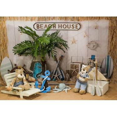 Imagem de Pano de fundo de casa de praia conchas náuticas navio à vela capacete rede de pesca estrela do mar verão chá de bebê festa fotografia fundo foto estúdio adereços 2,8 x 1,5 m