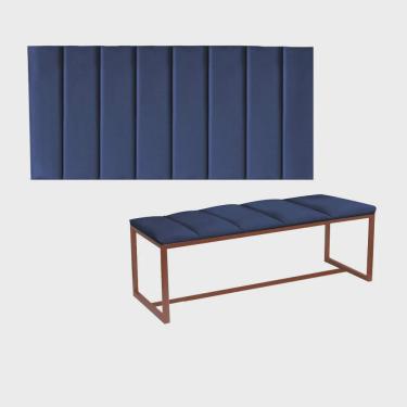 Imagem de Kit Painel Carla e Recamier Industrial 195cm King Size Box Ferro Bronze Sintético Azul Marinho - Ahz Móveis