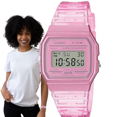 Imagem de Relógio Casio Feminino Pequeno Retro Vintage Digital Resina Semi-trasnparente Rosa F-91WS-4DF