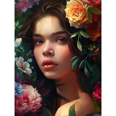 Imagem de UPABLUNSO Pintura de diamante "faça você mesmo", pintura de mulher nas flores por números para iniciantes, kits de arte de diamante redondo completo para decoração de quarto, decoração de sala de