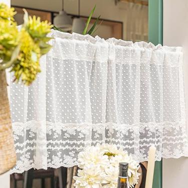 Imagem de Cortina transparente de renda pompom branco para janelas de cozinha, renda floral francesa, meia cortina transparente para sala de jantar, sala de estar, elegante, pompom transparente, bolso para