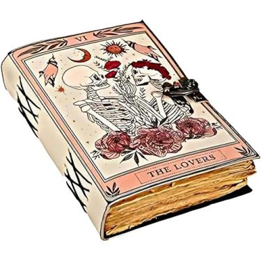 Imagem de Livro de feitiços, diário de couro, bordado, papel Grimório, impresso, diário The Lovers, tarô, espiral, gótico, amante de caveiras, diário de couro vintage antigo para homens e mulheres