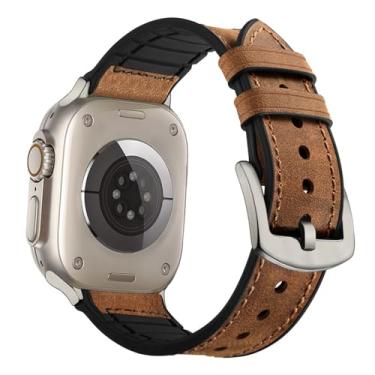 Imagem de OUHENG Pulseiras de couro compatíveis com Apple Watch Ultra 3/2/1 séries 11 10 9 8 7 6 5 4 3 2 1 SE 3/2/1 de 49 mm/46 mm/45 mm/44 mm/42 mm, marrom/titânio