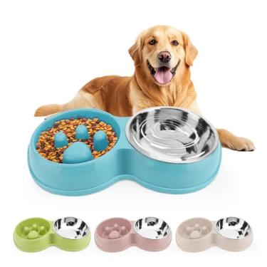 Imagem de Tigelas duplas de alimentação lenta para animais de estimação, tigelas de água para gatos e cães, pratos de comida e água de aço inoxidável antiderrapantes, tigela de alimentação para cães pequenos e