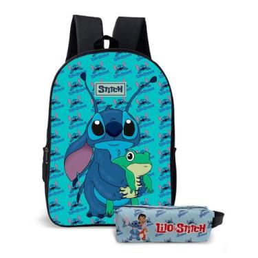 Imagem de Kit Mochila E Estojo Escolar Masculino Feminino Stitch Fofa Azul Estil