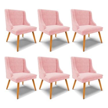 Imagem de Kit 6 Cadeiras Decorativas Sala De Jantar Pés Palito De Madeira Firenze Suede Rosa Bebê/natural G19
