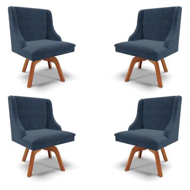 Imagem de Kit 4 Cadeiras Decorativas Sala De Jantar Base Giratória De Madeira Firenze Suede Azul Marinho