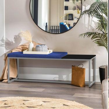 Imagem de Banco Recamier Puff 160cm Industrial Prata Corino Azul Marinho Tampo Quadrado Mdf Preto