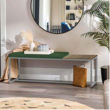 Imagem de Banco Recamier Puff 140cm Industrial Prata Suede Verde Tampo Quadrado Mdf Rústico
