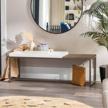 Imagem de Banco Recamier Puff 195cm Industrial Marrom Sintético Branco Tampo Quadrado Mdf Marmorizado