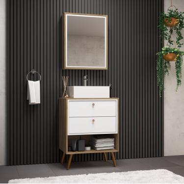 Imagem de Gabinete Com Pés Para Banheiro 60cm Com Cuba E Armário Gael Nogal-branco