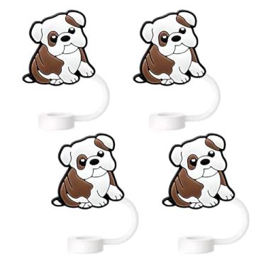 Imagem de Topos de palha de buldogue marrom branco para copos Stanley; tampas de palha buldogue compatíveis com Stanley copo de 30 e 1,134 g, topo de canudos reutilizáveis e de silicone para pontas de 0,4