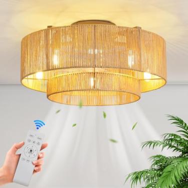 Imagem de RUIYEY Ventilador De Teto Boho Com Luz: Ventiladores Baixo Perfil 20" Controle Remoto, 5 Lâminas, 6 Velocidades, Luz Reversível E12, Luminárias Embutidas Vime Para Quarto E Cozinha