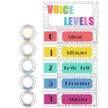 Imagem de Glooglitter 5 peças de adesivo de pôster de luz de pressão escolar e nível de voz, luz de LED, gráfico de voz, luzes de botão operadas por bateria, monitor de nível de ruído, sinal de regras para