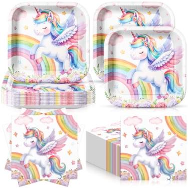 Imagem de Zhehao Conjunto de 72 peças de artigos de festa de aniversário de unicórnio para servir 36, pratos e guardanapos de sobremesa de papel quadrado de 18 cm, decoração de louça descartável de unicórnio