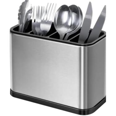 Imagem de Escorredor Porta Talheres em Inox com 4 Divisórias Organizador Compacto de Utensílios e Sistema de Drenagem D’agua em Aço Inoxidável