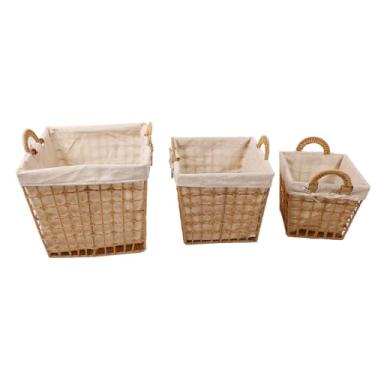 Imagem de VOMEKO 3 PCS Cesta de tecido retangular, cesta de armazenamento de tecido, cesta de armazenamento de lavanderia de palha com revestimento para roupas de brinquedos